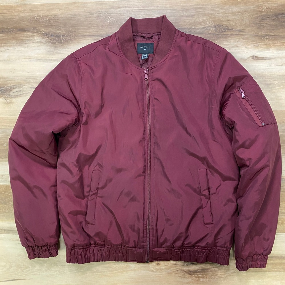 Forever 21 Bomber Jacket Size M Padded Flight Utility Coat Maroon Burgundy